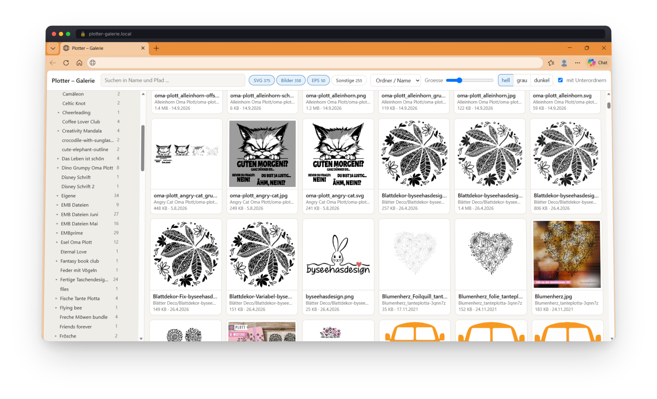 Screenshot der Plotter-Galerie: Ordnerbaum links, Suche und Filter oben, Vorschau-Kacheln mit Dateiname, Ordnerpfad, Größe und Datum.